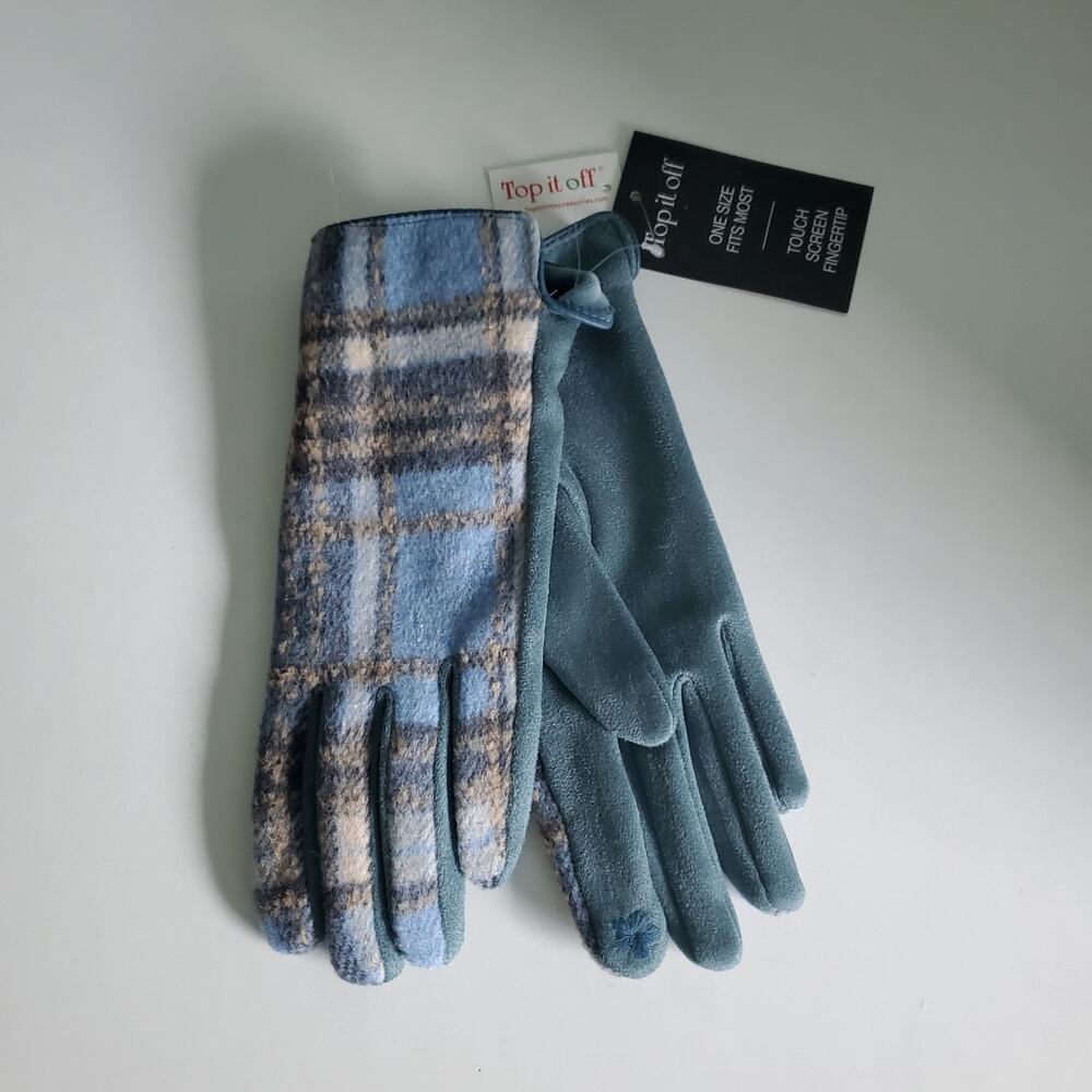 Top It Off Blue Plaid Gloves OSFA Touch Screen Soft Cozy Neutral Preppy Classic